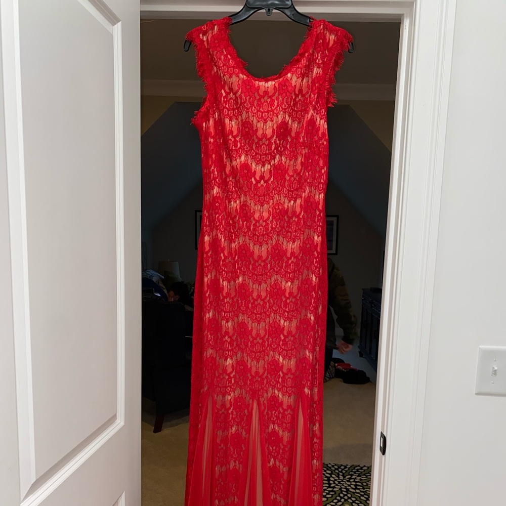 Betsy and Adam red lace formal gown